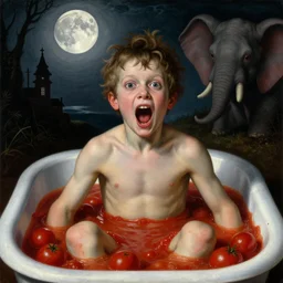 a boy like eraserhead and elephant man sitting in a tub full of tomato sauce, looking straight into camera, screaming in desperation, full moon, by giuseppe arcimboldo and ambrosius benson, renaissance, fruit, intricate and intense oil paint, a touch of beksinski and hr giger, realistic