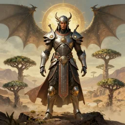 portrait of a native kerala warrior, symmetrical, sci - fi armour, on a mountain in socotra island with dragon trees, tech wear, glowing lights, wide establishing shot, sci - fi, intricate, elegant, highly detailed, digital painting, artstation, concept art, smooth, sharp focus, illustration, art by artgerm and greg rutkowski and alphonse mucha