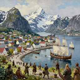 a viking viking busy capital city with a harbor and viking viking ships in summer, norwegian romantic nationalism, epic snowcovered mountains in the background, lush vegetation, vikings, trading, volumetric lighting, ultra detailed, realistic, lost civilizations, masterpiece, 4 k, highly detailed, oil on canvas, smooth, by rudolf ernst and ludvig deutsch