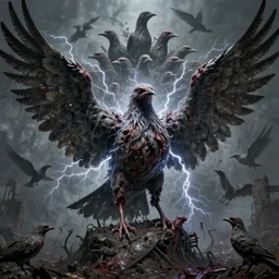 horrifying mutant bird made of electricity fused with thousands of birds, thousand heads, mutilated, horror, blood, heavy damage, post apocalyptic, dystopian surrealism, grey, zdzisław beksinski, sad atmosphere, volumetric light, style giger, alex ries, symmetry accurate features, symmetry accurate features, very intricate details, high resolution, intricate