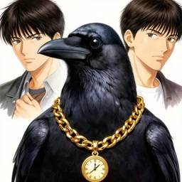 a crow wearing a thick gold chain with a clock medallion hanging off of the chain, by takehiko inoue and kim jung gi and thomas kinkade, masterpiece illustration, realistic face and anatomy