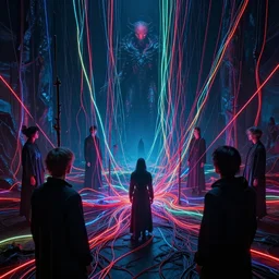 demonic ritual, neon, they are watching, RGB, glowing wires everywhere, rods, pristine, by Juni ito, Ross Tran, Zdzisław Beksiński, and Michael Whelan, distant, gustav dore, H.R. Giger, 8k, octane render