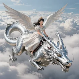 beautiful scene render that a princess ride on a huge silver white dragon back, finely detailed angelic face delicate features directed gaze, in the fairyland surrounded by white clouds, perfectly shaded, atmospheric lighting, style of makoto shinkai and peter mohrbacher, studio ghibli. artgerm, karol bak, beeple, animation style, 8 k hd, ultra wide angle, hyper detailed