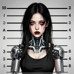 grainy illustration of an ugly woman, wearing bionic implants, cyborg!!!! criminal!!!!, (((((high tech, cyberpunk))))), mugshot!!!!