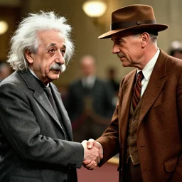 A photo of Albert Einstein shaking hands with Oppenheimer , highly detailed, trending on artstation, bokeh, 90mm, f/1.4