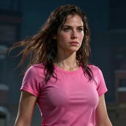 epic portrait cinematic shot character concept art, an female survivor wearing pink t shirt, wet flowing hair, beautiful, strong, power, digital painting, concept art, smooth, sharp focus, illustration, fine details. night setting. realistic shaded lighting poster by craig mullism, artgerm, jeremy lipkin and michael garmash, unreal engine, radiant light, detailed and intricate environment, digital art, trending on art station,
