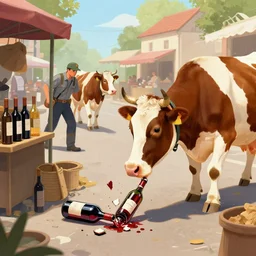 a cow steals wine from a market stall. one of the bottles breaks spilling its contents on the street. a guard is going after the cow, digital art