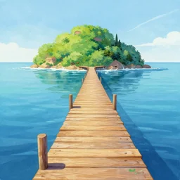 island in sea with wooden bridge, acrilic paint