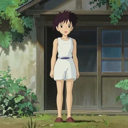 The girl, detailed human body, face, two identical eyes, nose, lips is standing outside the house in full size stylehayao miyazaki, style anime -S 773189906