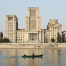 a man on a small boat on a river with high ancient city, neoclassical architecture, ancient high buildings, vertical classical temples