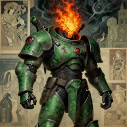 composition of gothic and futuristic, warhammer, cyber armor, more and more scars, storm, fire head, green, many textures, highly detailed, artstation, in the style of moebius, jugendstil and classic japanese print, art by jean delville and rene magritte