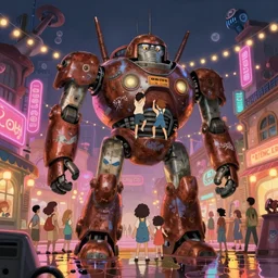 memorable animation key shot, anime movie screenshot, kids climbing up the giant rusty robot submarine schwerer gustav!!!!, festoon lights, neon signs, dim lanterns, grafitti, paint drip, wet reflections, ghibli, themepark, by mandy jurgens, by satoshi kon, nc wyeth, ilya repin, lena aenami, bright pastel color palette