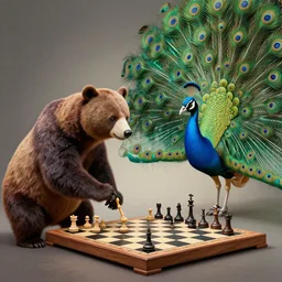 bear playing chess against a colorful bright peacock in the style of mc escher, hyper realistic, volumetric lighting