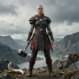a cinematic view of wide photo from a very ornated female viking berseker, shaved haircut, showing nordic tattoos in the full body, using leather armour with an hammer made of mammoth tusk, photorealistic, volummetric light, detailed, texturized, leica lens high quality