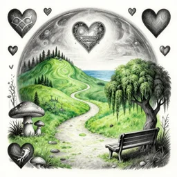 a dungeons and dragons world with a black and white hearts theme, a strange and hauntingly beautiful world concept illustration | a verdant enchanted vibrant digital dreamscape protected by a magic barrier sphere | introspective meandering sci - fi fantasy endless path in the hills overlooking the coast with mushroom - willow - tree on shading a bench | colored - pencil drawing by thomas cole, terese nielsen, and edvard escher guay, magically shaped surrealism, trending on artstation