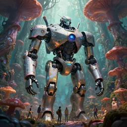 giant biomechanical robot inside otherworldly fungi forest, anisotropic highlights, neil gaiman, maria panfilova, andrea savchenko, mike kime, ludovic plouffe, qi shengluo, oliver cook, julian calle, eddie mendoza, trending on artstation