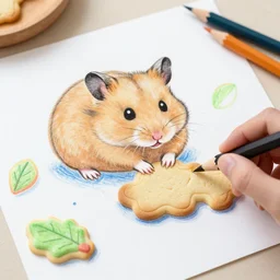 light brown hamster baking cookies, colorful drawing, pencil