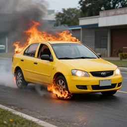 carro amarelo pegando fogo