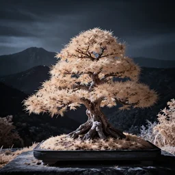 award winning infrared photography of andy lee, solitary bonsai tree with mountains in background, moody, dramatic lighting, volumetric lighting, rule of thirds, long exposure