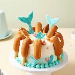 corn dogs, mermaid themed birthday cake, food photography,