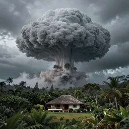 atomic mushroom cloud over a Hawaiian villa in the middle of an tropical forest, ominous Sky, gloomy atmosphere, cinematic, mist, High definition, 8k, ultra detailed