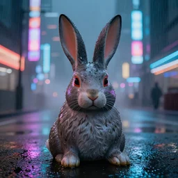 a wet rabbit mask sitting on the ground in the middle of a cyberpunk city, 8k, close up, colorful lights, foggy night, rain, realistic, high details, neon lights in the background