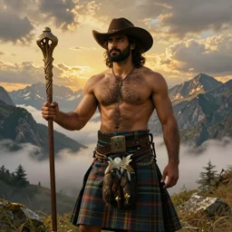a dramatic epic beautiful painting of a hairy handsome shirtless desi man in the mountains | he is wearing a scottish plaid kilt and cowboy hat, and holding an intricately carved staff | background is mountains! and clouds | dramatic lighting, golden hour, homoerotic | by clyde aspevig and albert bierstadt and caspar david friedrich | trending on artstation