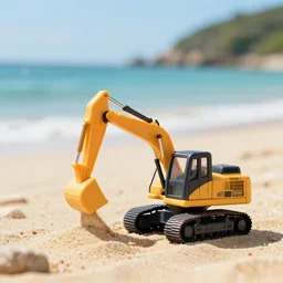an excavator toy sunbathing on the beach, depth of field, holiday vibe, photo style, ultra realistic