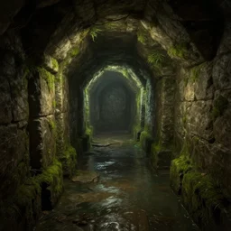 an ancient dungeon interior tunnel with stone walls, stagnant water, mossy overgrowth, soft ambient lighting, trending on artstation, path of exile