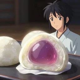 sakimi, makoto shinkai trending on artstation isolated close up food photography patisserie, mochi, jelly, anime style, bright colors, rim light, expert light effects on figure, deep sharp focus, dramatic composition and effects unreal engine, octane, editorial awarded best composition