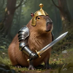 photo of a humanoid capybara dressed in armor with a golden helmet on the head, hold sword in the forest, highly detailed, digital painting, artstation, smooth, sharp focus, illustration, art by artgerm and greg rutkowski and alphonse mucha
