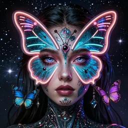 a portrait of a beautiful attractive girl with a neon butterfly face head, very detailed fixed glass eyes, butterflies, cult secret society, cosmic magic, art by james paick, and shaddy safadi, ominous, cosmic horror, trending on artstation, ultra detailed, hyper realistic 4 k, octane, cinema 4 d, c 4 d beeple render, chalk finish