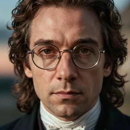close macroshot detail portrait John Cusack as 18 century doctor in glasses, male, elegant,  digital fantasy art, hands straight down, insane,  under light, at late evening by greg rutkowski and thomas kinkade, Trending on artstation