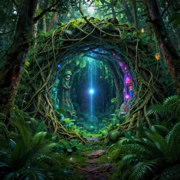 intergalactic stargate portal in the middle of a dense jungle, with vines and creepers wrapping around it, and strange glowing lights emanating from it by diego rivera and edward gorey