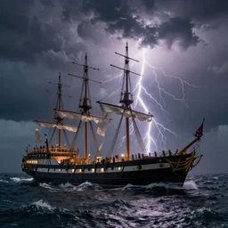 a royal vessel in stormy seas and lightning