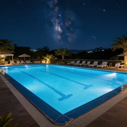A gigantic swimming pool under night bright stars UHD 8K
