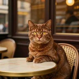 brown cat with yellow eyes is sitting at table in a cafe at paris in early 2 0 th century. atmospheric feeling, warm colours, brown colours, yellow colours, epic scene, cinematic, very detailed, midjourney style