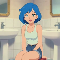 short blue haired woman, sitting in tile bathroom, american pop animation style