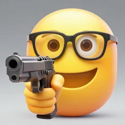 nerd face emoji but hyper realistic, with a gun pointing at the camera
