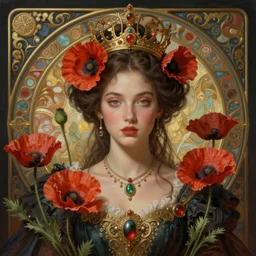 portrait of a gorgeous young poppy queen, uniquely beautiful, surreal, fantasy, ornamental, intricate, elegant, dramatic lighting, emotionally evoking symbolic metaphor, highly detailed, lifelike, photorealistic, digital painting, artstation, concept art, smooth, sharp focus, illustration, art by John Collier and Krenz Cushart and Artem Demura and Alphonse Mucha and Albert Aublet