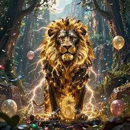 black lion's god looking at you with fur made from gold lightnings surrounded by epic ancient huge forest and mountains in the background a lot of birthday confetti and ballons and colrful ribbons in front of lion big number 6, colossal scale, cinematic shot, vibrant colors, photorealism, epic, octane render by evgeniy antonenkov and james jean