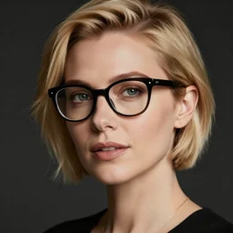 blonde short hair woman with black framed glasses
