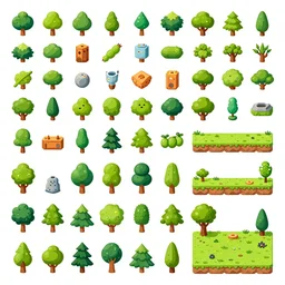 A game assets spritesheet by dofus by Stanley Artgerm Lau, Joe Madureira and Nadezhda Tikhomirova .  HD vector Containing modular props,  terrain, trees, 2d side view, platform, vector art, very detailed