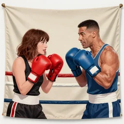 Kate bush boxing wearing red boxing gloves John Cena wearing blue boxing gloves in a boxing ring, Tapestry style, classical