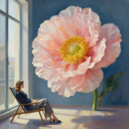 closeup, huge flower as a head, woman sitting on lounge chair by a tall window, surreal photography, studio light, impressionist painting, digital painting, artstation, simon stalenhag