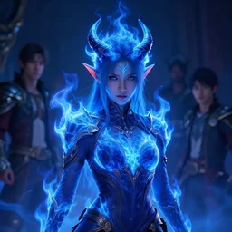 a fancy portrait of a young Demon girl covered in blue flames  by Greg Rutkowski, Sung Choi, Mitchell Mohrhauser, Maciej Kuciara, Johnson Ting, Maxim Verehin, Peter Konig, final fantasy , 8k photorealistic, cinematic lighting, HD, high details, atmospheric , trending on artstation