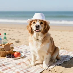 Dog with white hat on his head, on the beach having a picknick