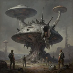 dull colors, scifi explore journey, highly detailed surrealist painting, by michael divine by yvonne mcgillivray by michael divine by mandy jurgens by michael divine, moody color palette, very very very beautiful, fungus pirate space craft, ufo, mushroom alien ship