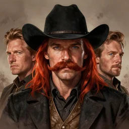 portrait close - up, stephen fry, john wayne, karl urban, drunk cowboy redhead long hair, big moustache, black stetson and coat, dusty background, marvel comics, dark, intricate, highly detailed, smooth, artstation, digital illustration, ruan jia, rutkowski, albert bierstadt, frank tenney johnson