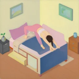 isometric of a woman doing yoga in this bedroom a box by shusei nagaoka kaws, david rudnick, airbrush on canvas, pastell colors, cell shaded